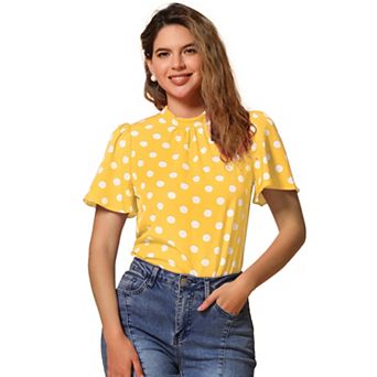 Women's Polka Dots Blouse Stand Collar Pleat Keyhole Back Short Flare Sleeve Tops