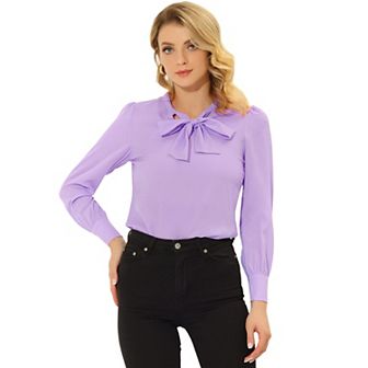 Women's Bow Tie Neck Elegant Top Long Sleeve Solid Work Office Blouse