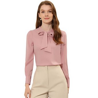 Women's Bow Tie Neck Elegant Top Long Sleeve Solid Work Office Blouse