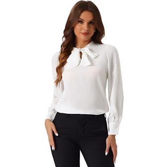 Women's Bow Tie Neck Elegant Top Long Sleeve Solid Work Office Blouse