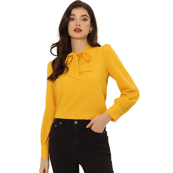 Women's Bow Tie Neck Elegant Top Long Sleeve Solid Work