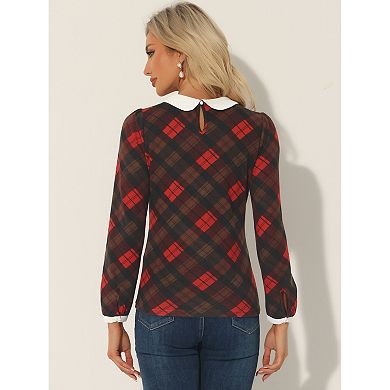 Women's Peter Pan Collar Contrast Party Plaid Shirt Blouse