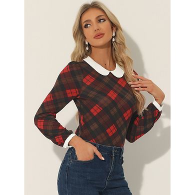 Women's Peter Pan Collar Contrast Party Plaid Shirt Blouse
