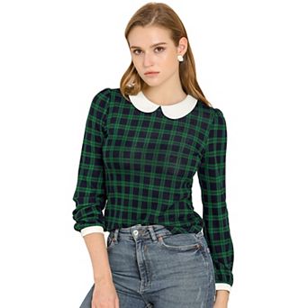 Women's Peter Pan Collar Contrast Party Plaid Shirt Blouse