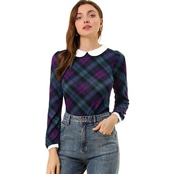 Women's Peter Pan Collar Contrast Party Plaid Shirt Blouse