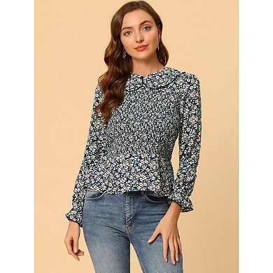 Women's Peter Pan Collar Long Sleeve Casual Chiffon Floral Smocked Top