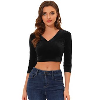 Women's Velvet Blouse V Neck 3/4 Sleeve Solid Crop Top
