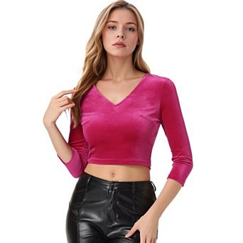 Women's Velvet Blouse V Neck 3/4 Sleeve Solid Crop Top