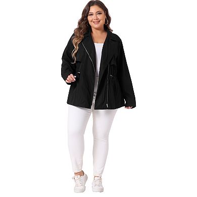 Women's Plus Size Lapel Zipper Drawstring Waist Moto Jacket