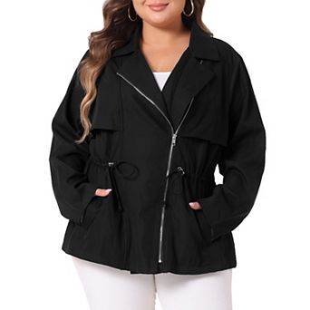 Women's Plus Size Lapel Zipper Drawstring Waist Moto Jacket