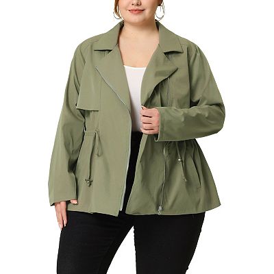 Women s Plus Size Lapel Zipper Drawstring Waist Moto Jacket