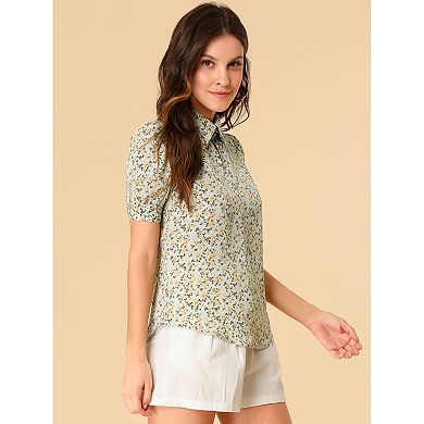Women's Elegant Shirt Turndown Collar Summer Puffy Sleeve Vintage Floral Blouse