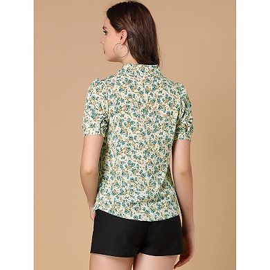 Women's Elegant Shirt Turndown Collar Summer Puffy Sleeve Vintage Floral Blouse