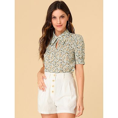 Women's Elegant Shirt Turndown Collar Summer Puffy Sleeve Vintage Floral Blouse