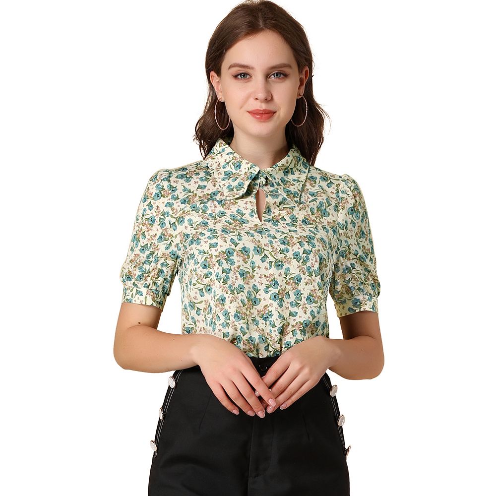 Women Summer Artsy Flower 100 Ramie Turn Down Collar Blouse
