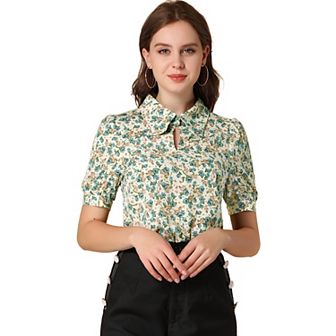 Women's Elegant Shirt Turndown Collar Summer Puffy Sleeve Vintage Floral Blouse