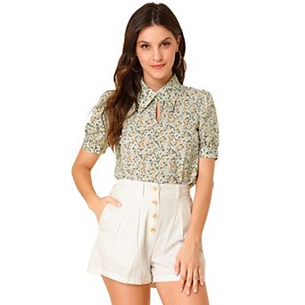 Women's Elegant Shirt Turndown Collar Summer Puffy Sleeve Vintage Floral Blouse