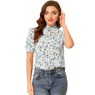 Women's Elegant Shirt Turndown Collar Summer Puffy Sleeve Vintage Floral Blouse