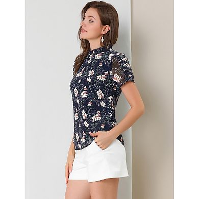 Women's Ruffled Neck Chiffon Frill Trim Short Sleeve Floral Print Blouse Tops