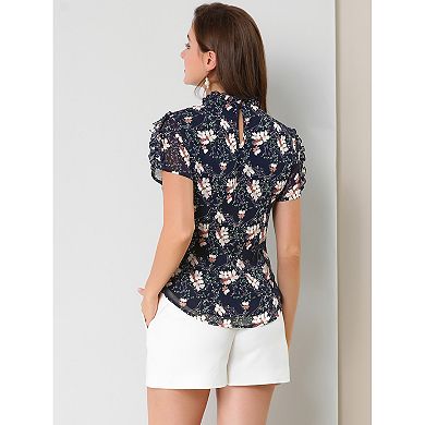Women's Ruffled Neck Chiffon Frill Trim Short Sleeve Floral Print Blouse Tops