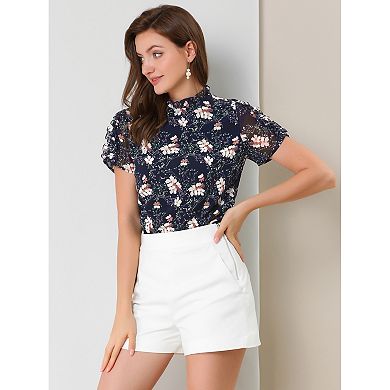 Women's Ruffled Neck Chiffon Frill Trim Short Sleeve Floral Print Blouse Tops