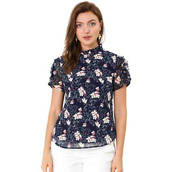 Women's Ruffled Neck Chiffon Frill Trim Short Sleeve Floral Print Blouse Tops