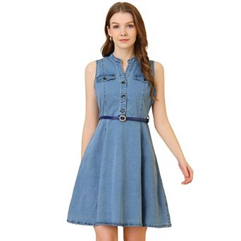 Women's Denim Sleeveless V Neck Belted Fit And Flare Shirt Dress