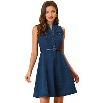 Women's Denim Sleeveless V Neck Belted Fit And Flare Shirt Dress