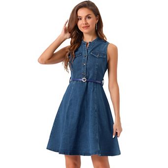 Women's Denim Sleeveless V Neck Belted Fit And Flare Shirt Dress