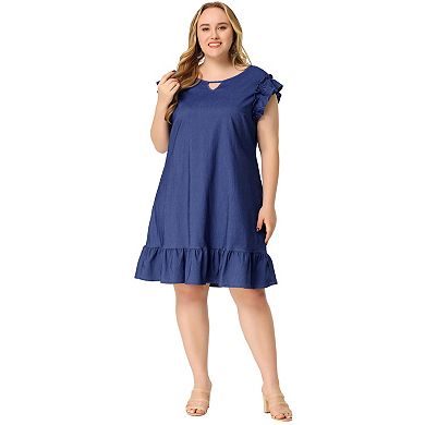 Women's Plus Size Keyhole Ruffle Shoulder Flared Sleeveless Dress