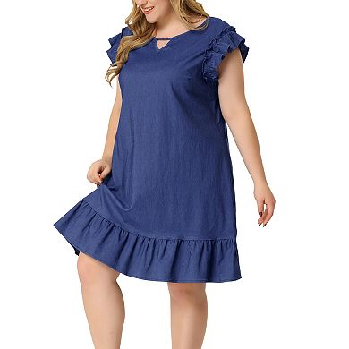 Women's Plus Size Keyhole Ruffle Shoulder Flared Sleeveless Dress
