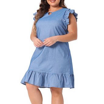 Women's Plus Size Keyhole Ruffle Shoulder Flared Sleeveless Dress