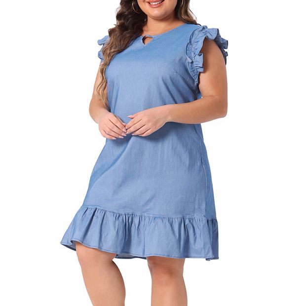 Women's Plus Size Keyhole Ruffle Shoulder Flared Sleeveless Dress