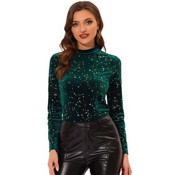 Velvet Blouse For Women's Stand Collar Long Sleeve Stars Tops