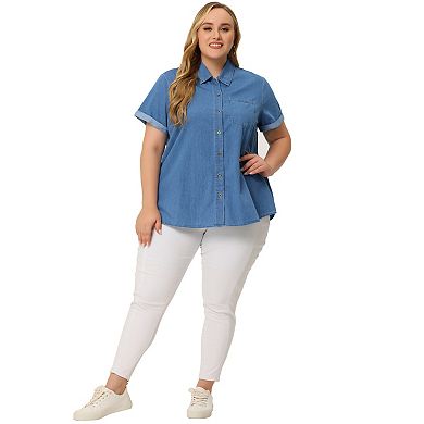 Plus Size Button Down Shirt For Women Denim Roll Sleeve Stand Collar Chambray Shirts Top