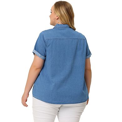 Plus Size Button Down Shirt For Women Denim Roll Sleeve Stand Collar Chambray Shirts Top