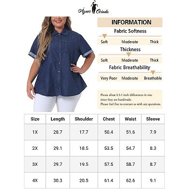 Plus Size Button Down Shirt For Women Denim Roll Sleeve Stand Collar Chambray Shirts Top