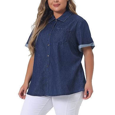 Plus Size Button Down Shirt For Women Denim Roll Sleeve Stand Collar Chambray Shirts Top