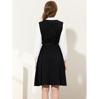 Women's Contrast Turn Down Collar Long Sleeve Button Belt Shirt Dress