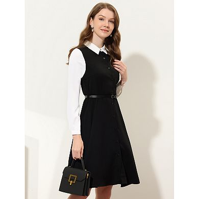 Women's Contrast Turn Down Collar Long Sleeve Button Belt Shirt Dress