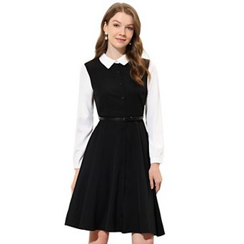 Women's Contrast Turn Down Collar Long Sleeve Button Belt Shirt Dress