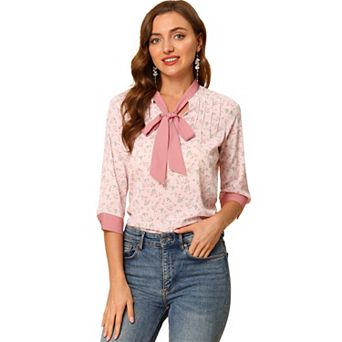 Women's Floral Tops Bow Tie V Neck Contrast Trim 3/4 Sleeve Vintage Blouse