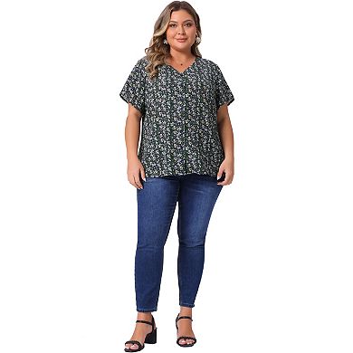 Women's Plus Size Single Breasted V Neck Elegant Casual Floral Shirt Tops