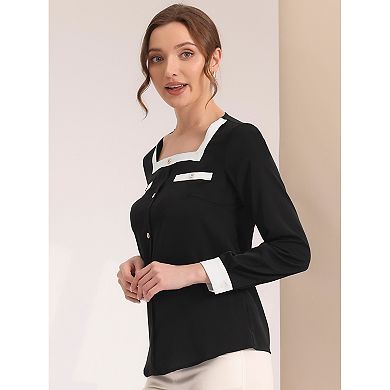 Work Shirt for Women's Color Block Long Sleeve Career Square Neck Elegant Blouse