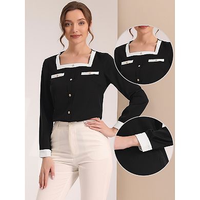 Work Shirt for Women's Color Block Long Sleeve Career Square Neck Elegant Blouse