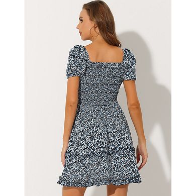 Women's Short Puffy Sleeve Ruffle Hem Smocked Prom Floral Mini Dress