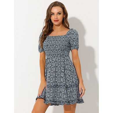 Women's Short Puffy Sleeve Ruffle Hem Smocked Prom Floral Mini Dress