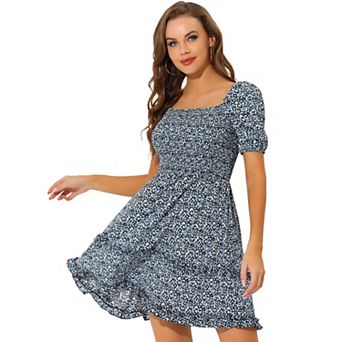 Women's Short Puffy Sleeve Ruffle Hem Smocked Prom Floral Mini Dress