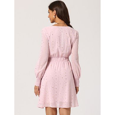 Women's Smocked Waist Chiffon Long Sleeve Shiny Star Dress