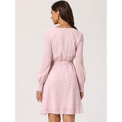 Women's Smocked Waist Chiffon Long Sleeve Shiny Star Dress